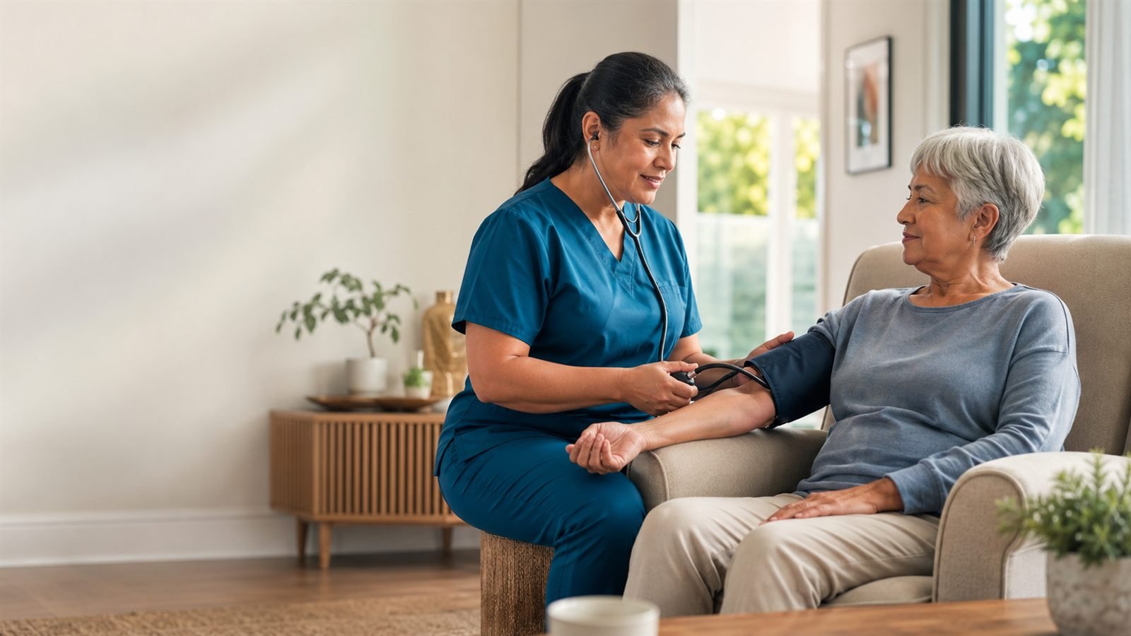Home health nurse caring for an older adult at home