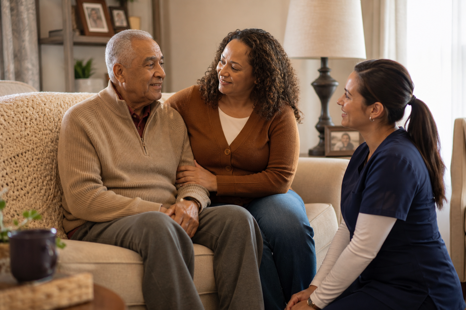 Family and caregiver sharing a moment of home health care
