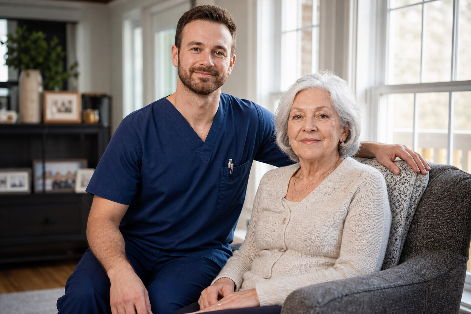 Home health nurse and patient looking confident after quality care