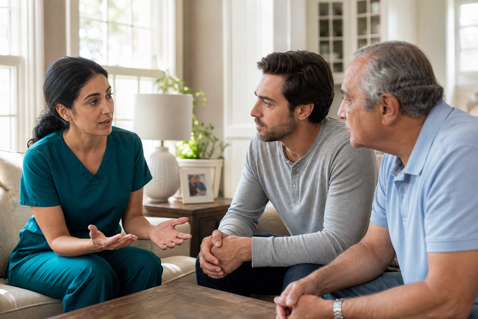 Clinician discussing care options with a family at home