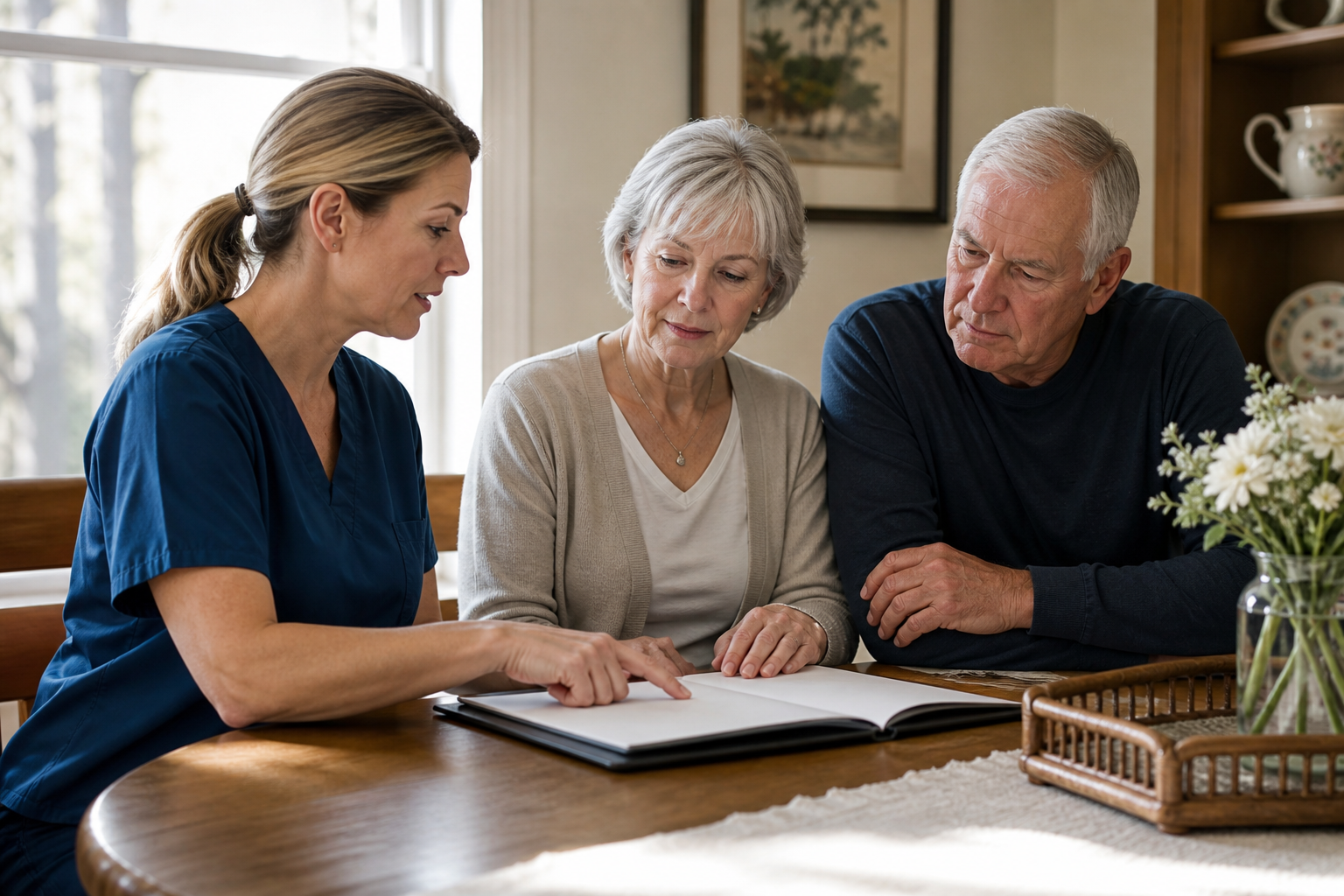 Nurse explaining Medicare home health coverage with a family