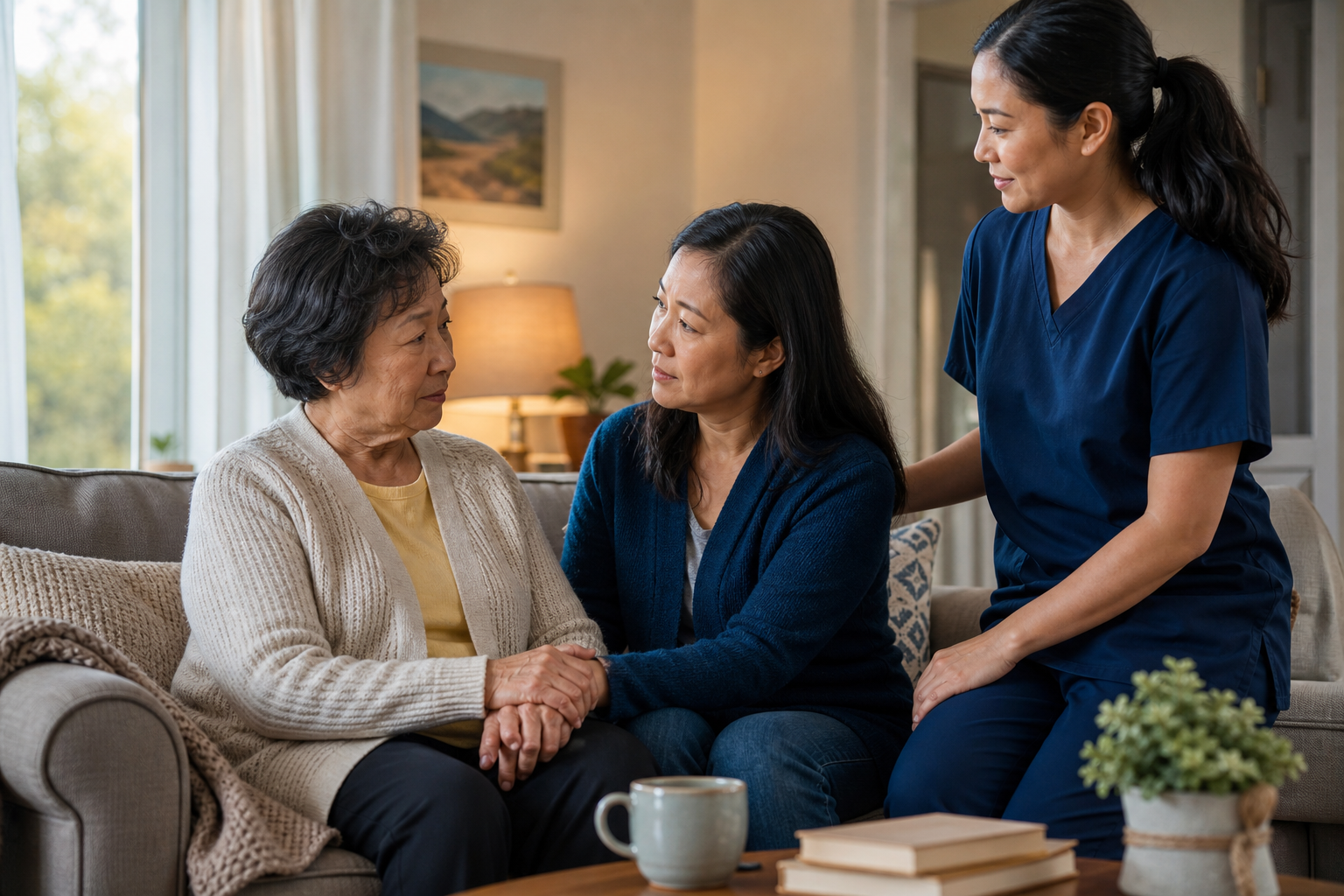 Adult daughter supporting her mother with a caregiver nearby