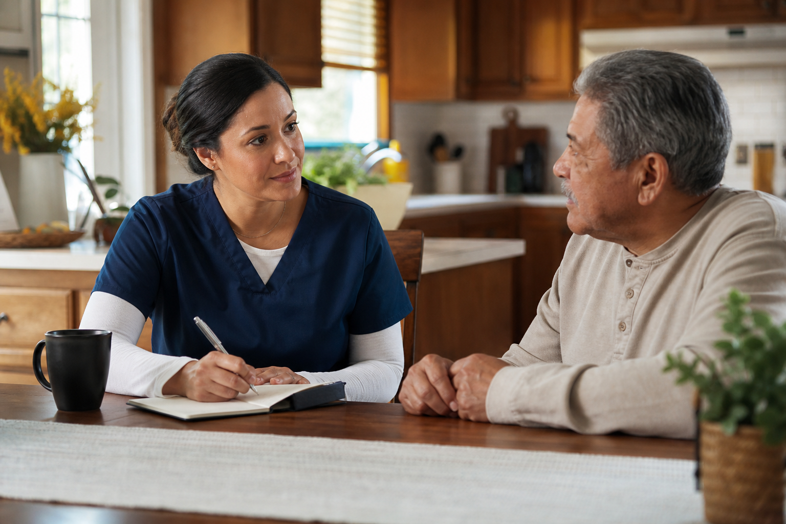 Clinician reviewing home health resources with a family member