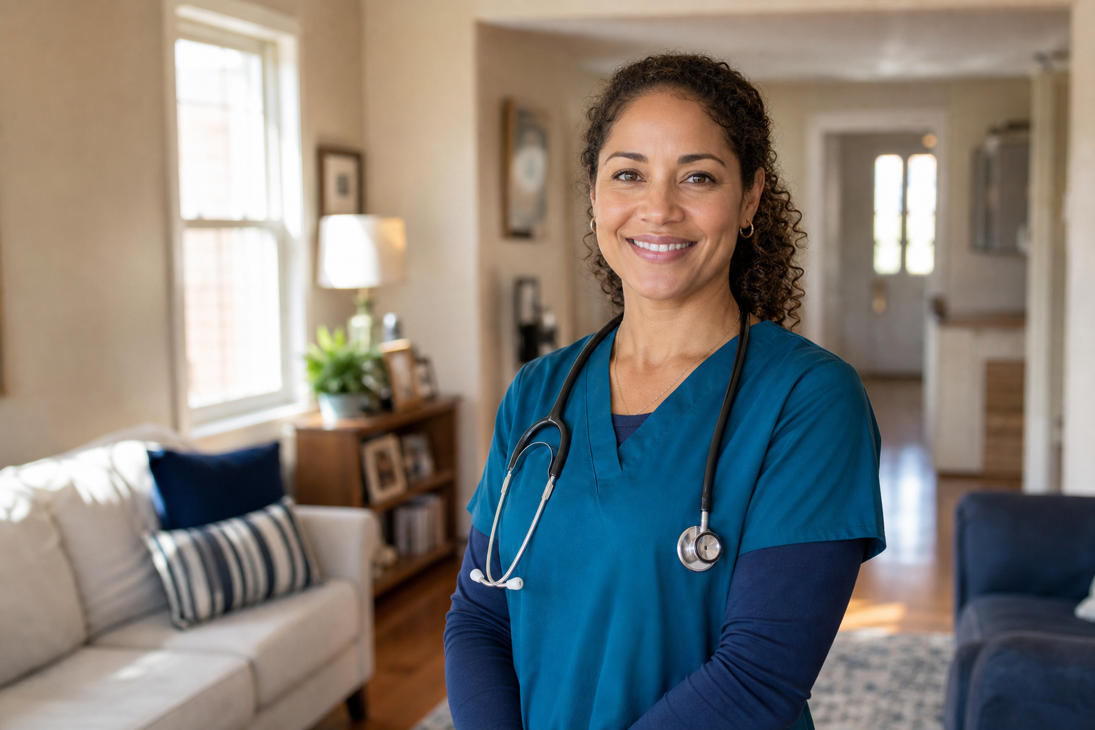 Smiling home health nurse in a Northwest Indiana living room