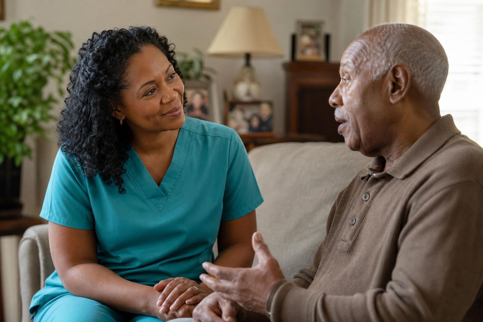 Caregiver listening to an older adult during a home visit
