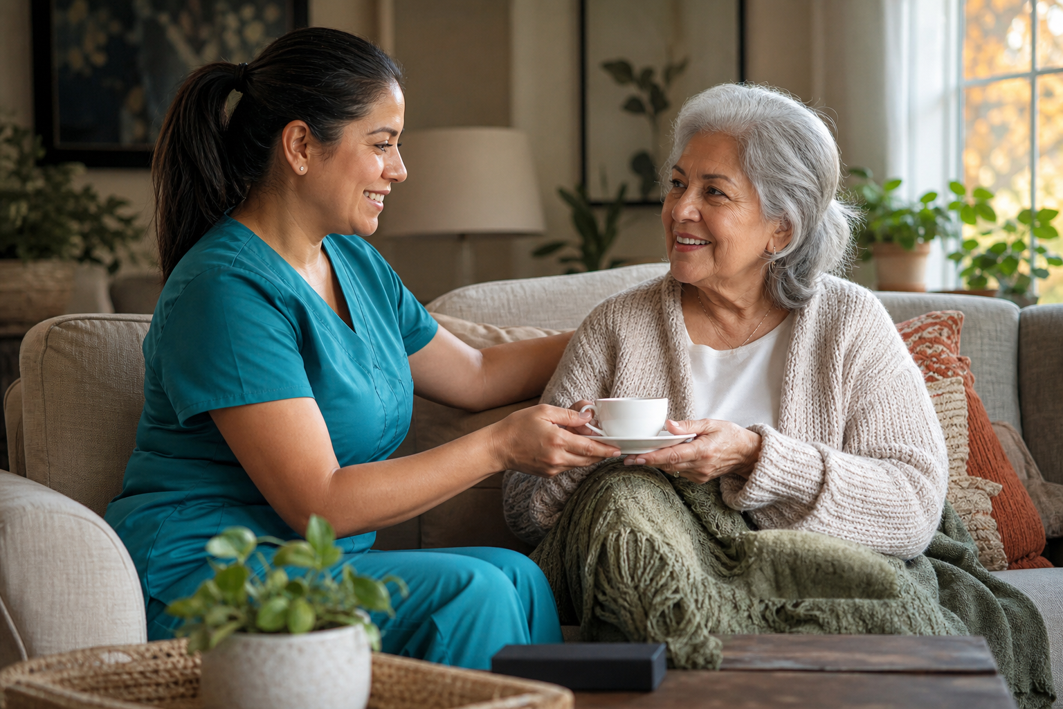Home health aide providing companion care in a living room