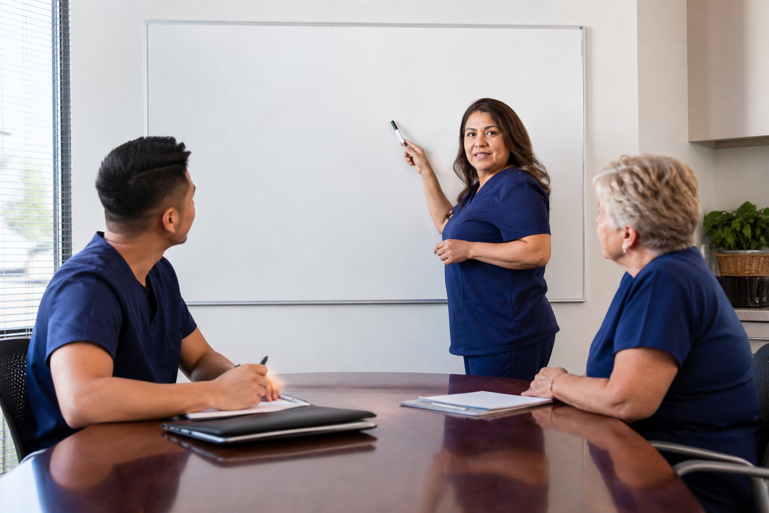 Clinician teaching colleagues during an in-service huddle
