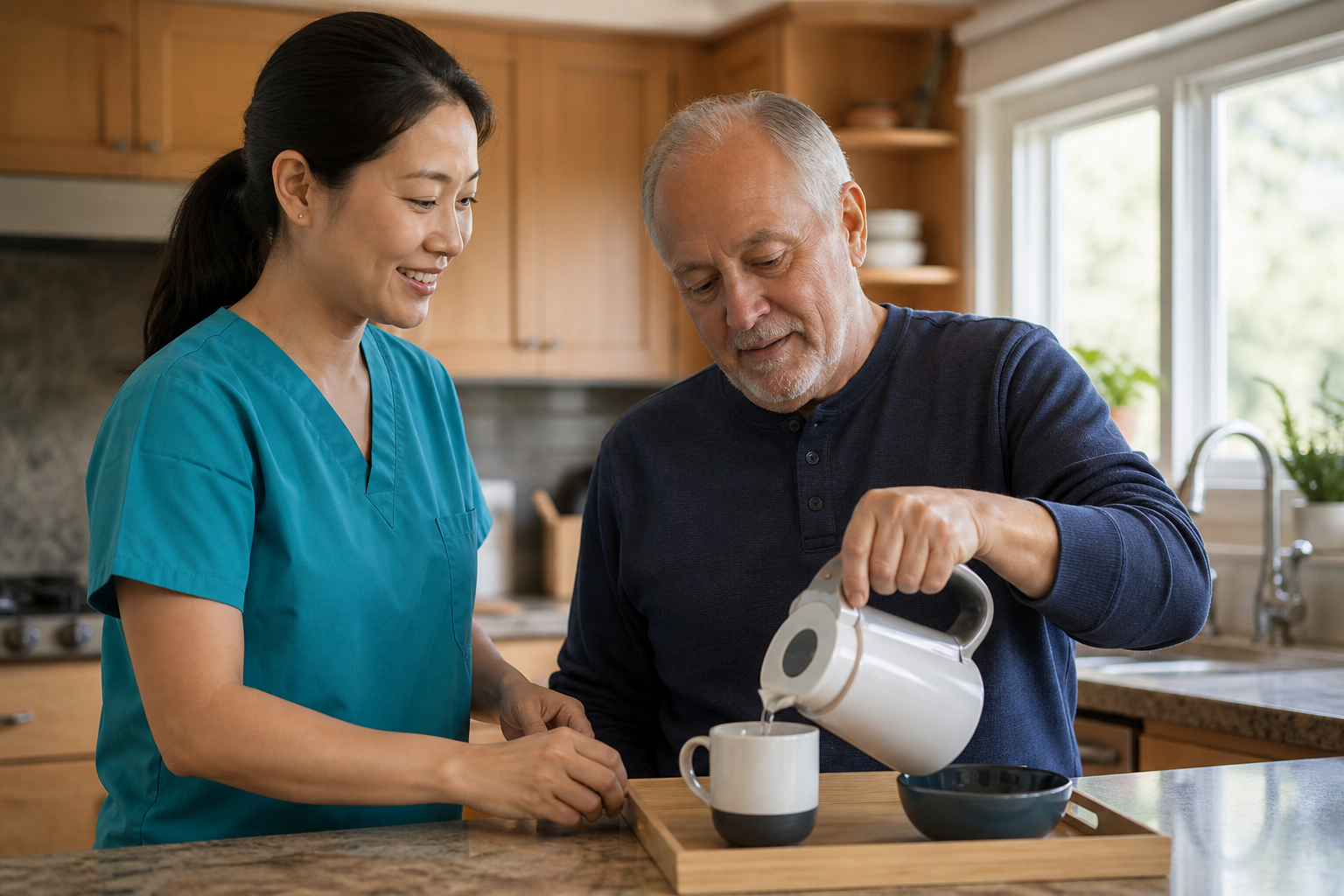 Occupational therapist practicing daily living skills at home