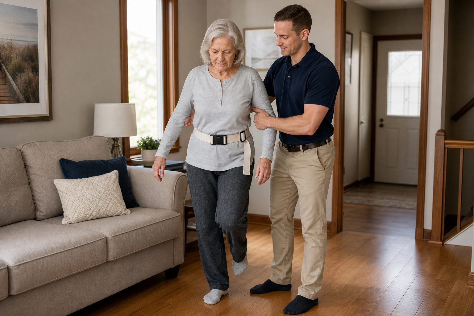 Physical therapist helping a patient with balance at home