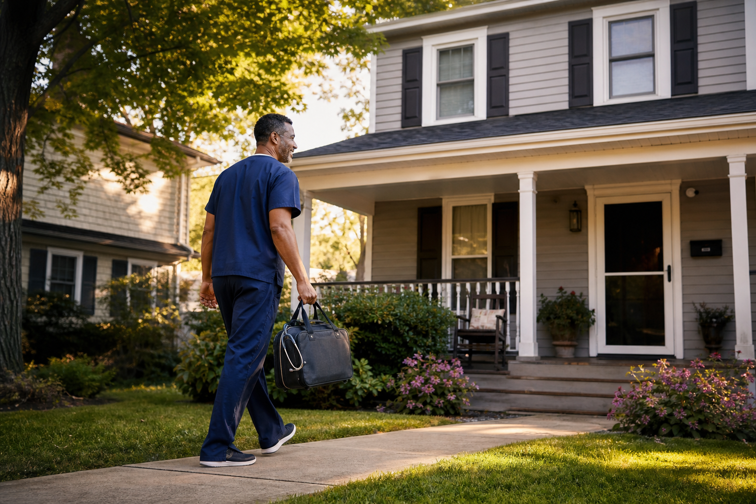 Home health nurse arriving for a community visit in Northwest Indiana