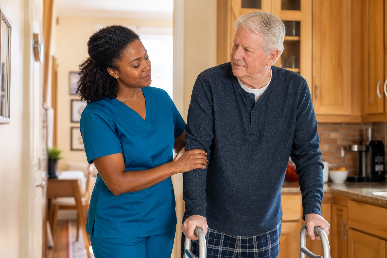Caregiver helping an older adult walk safely at home