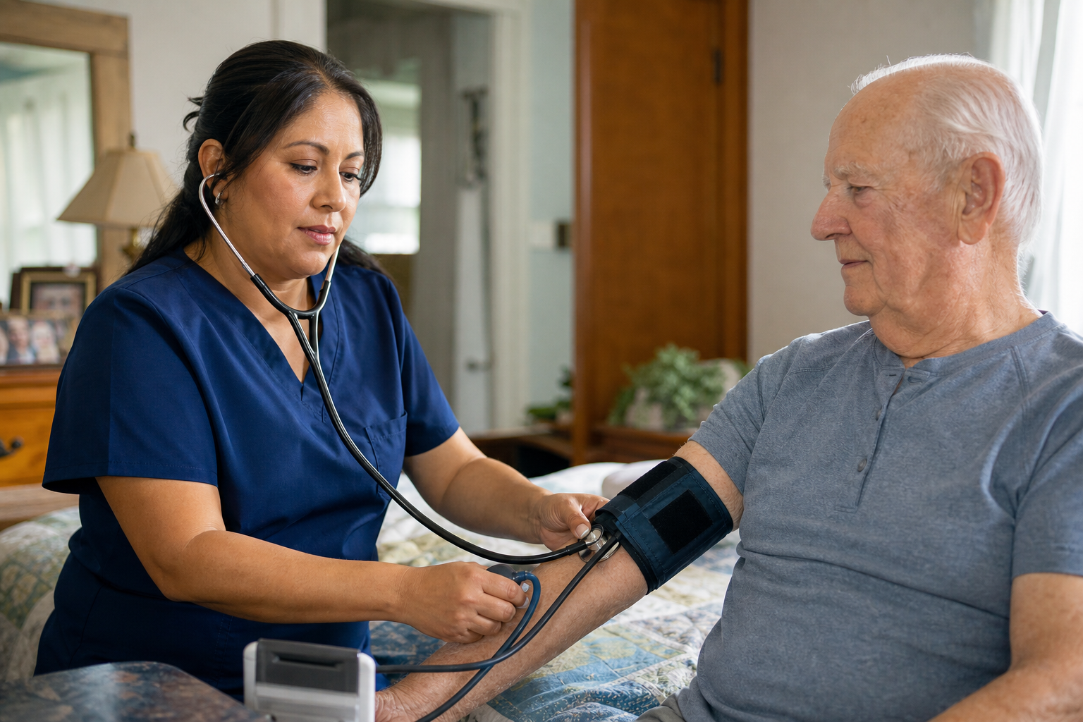 Skilled nurse checking blood pressure during a home visit