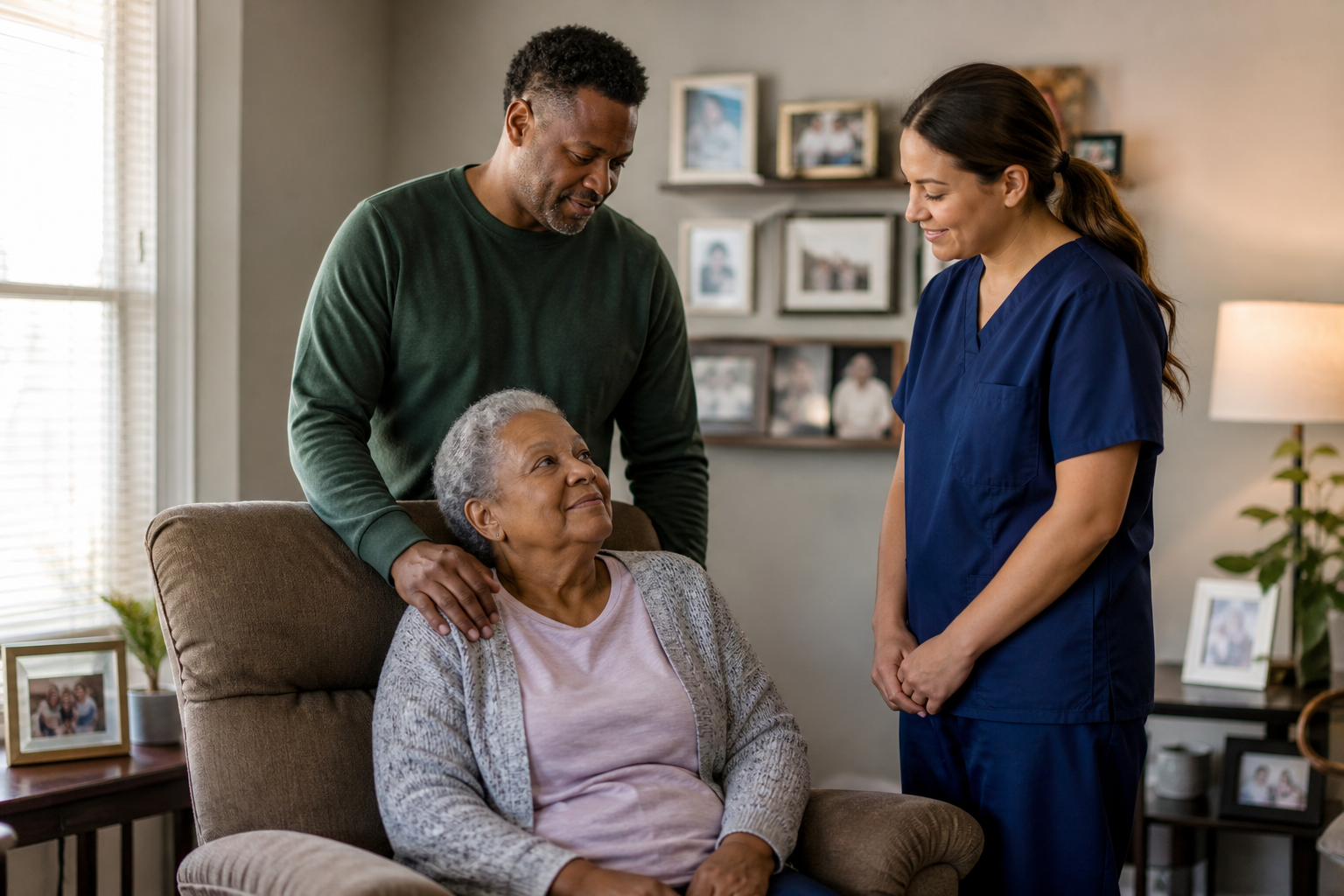 Family and caregiver supporting an older adult at home